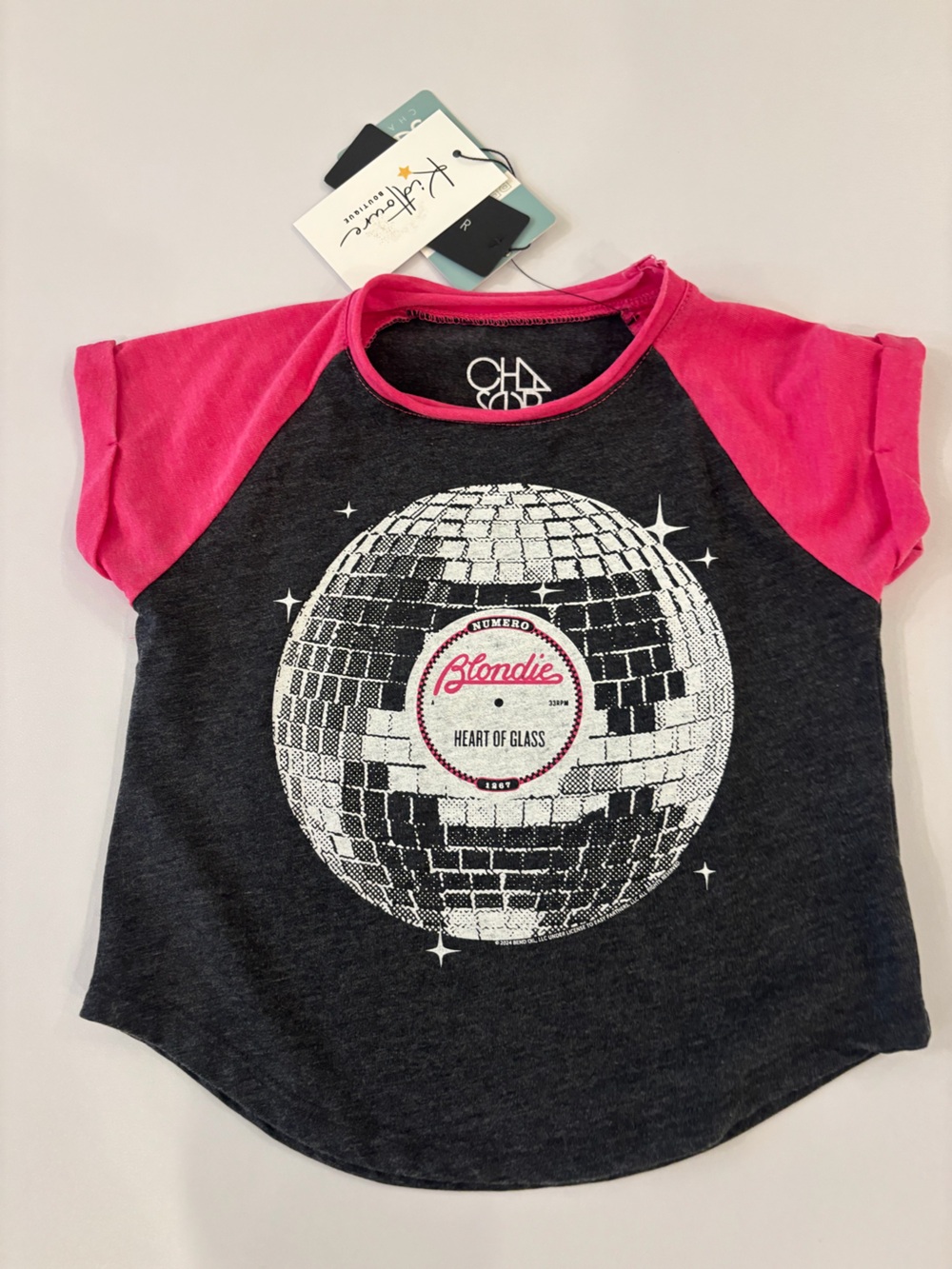 Chaser Blondie Charcoal Tee with Hot Pink Raglan Sleeves
